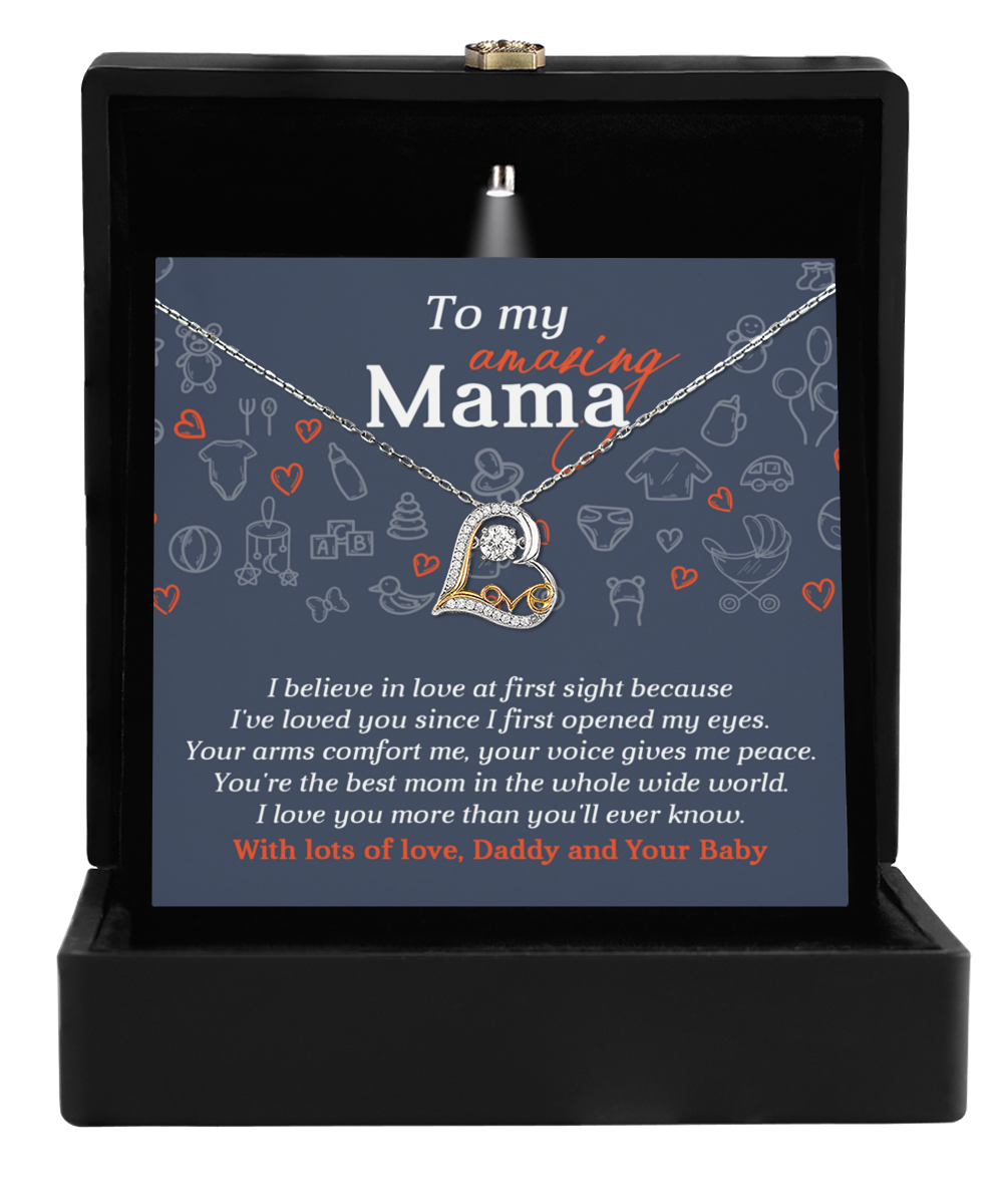 Gift box featuring the "To Mom To Be, At First Sight - Love Dancing Necklace," made of 14k gold, and a heartfelt message, celebrating maternal love and expressing deep appreciation to a cherished mother from her family.