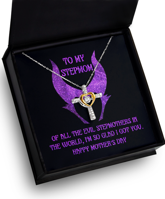 A necklace with a purple butterfly pendant in a box that reads "To my stepmom, of all the evil stepmothers in the world, I'm so glad I got you. Happy Mother's Day.