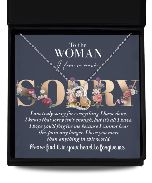 The "Sorry-Bear This Pain - Love Dancing Necklace" with a heart-shaped pendant comes in a gift box. The box includes an apology message specifically addressed to a woman, expressing deep regret and seeking forgiveness. Crafted from .925 sterling silver, the necklace embodies both elegance and sincerity in one meaningful gesture.