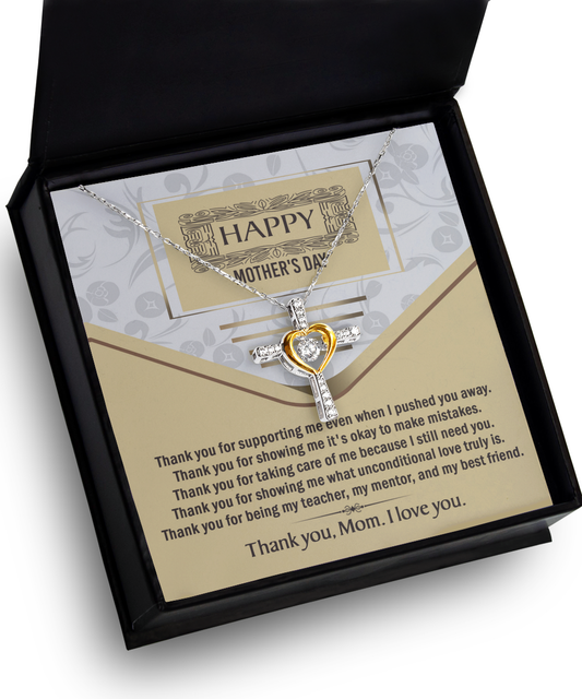 A To Mother's Day, Thank You necklace in a box with a 14k gold plated heart pendant and a heartfelt thank-you note.
