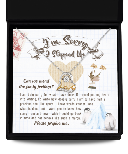 The Sorry-Precious Soul - Love Dancing Necklace, crafted in Sterling Silver, comes with a charming heart pendant presented in a beautiful gift box. The package also includes an apology card decorated with heart and penguin illustrations, featuring the heartfelt message, "I'm sorry I slipped up.