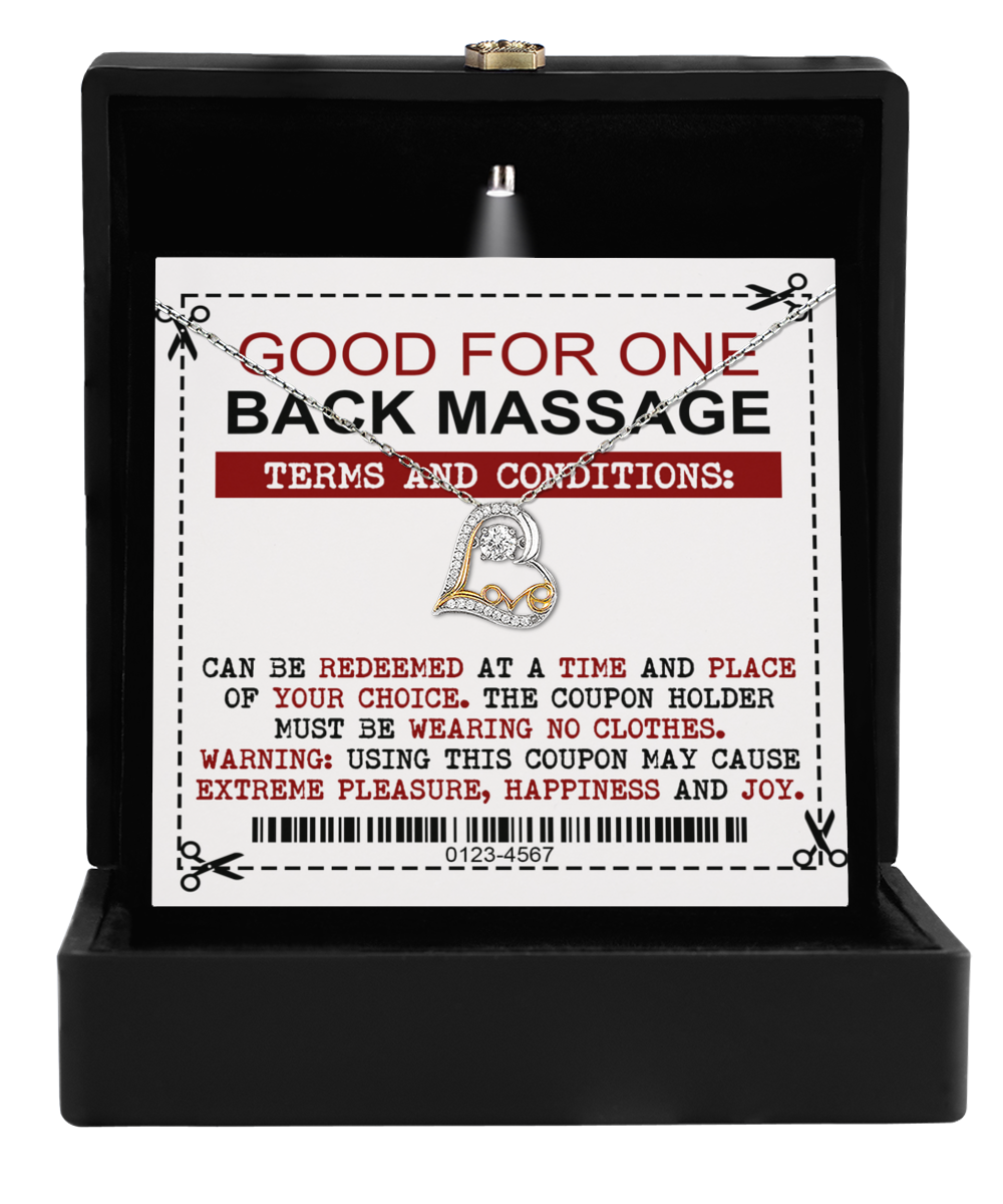 The Wife-Back Massage - Love Dancing Necklace gift box opens to uncover a playful back massage coupon, nestled alongside the shimmering necklace.