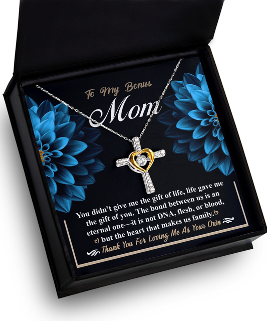 Pendant gift with heartfelt message in a box dedicated to a 'bonus mom', showcasing a To Bonus Mom, Gift Of You - Cross Dancing Necklace from Gearbubble.