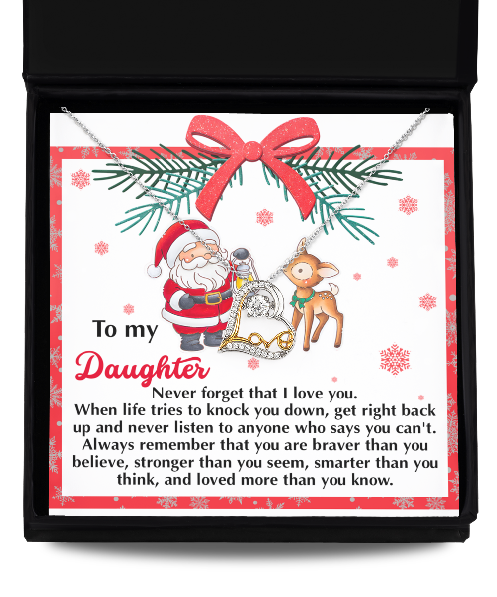 The Daughter-Get Back Up - Love Dancing Necklace in sterling silver comes elegantly packaged in a gift box and includes a Santa and reindeer-themed card with an inspirational message addressed to your daughter.