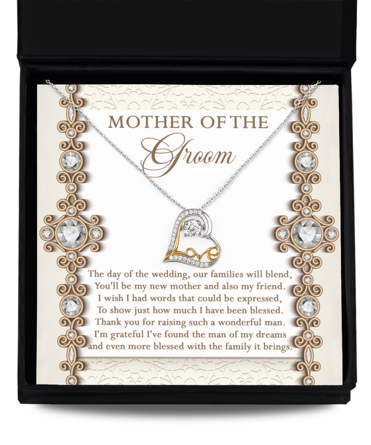 A Mom Of Groom-New Mother - Love Dancing Necklace with a sterling silver chain and a pendant is displayed on a decorative card inside an open black box. The card reads "Mother of the Groom" and includes an emotional message expressing gratitude.