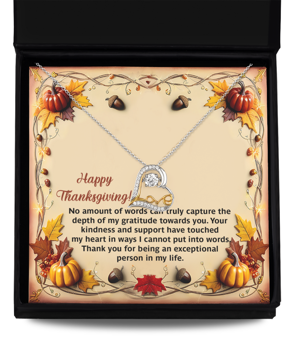 Unbox the Thanksgiving-Put Into Words - Love Dancing Necklace, elegantly crafted from sterling silver and nestled against a festive Thanksgiving-themed card adorned with pumpkins and leaves, conveying heartfelt gratitude.