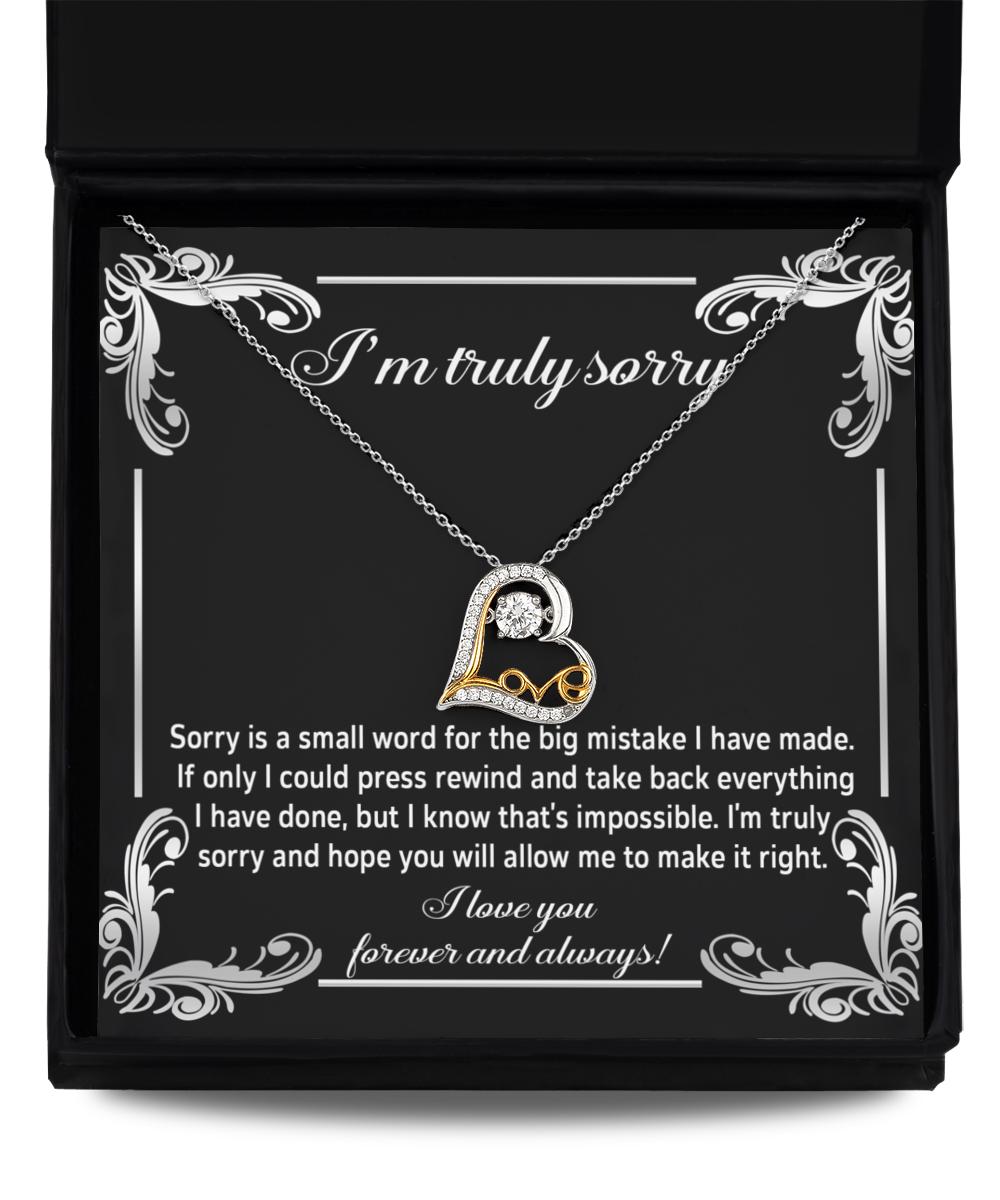 The Sorry-Make It Right - Love Dancing Necklace, featuring a heart-shaped pendant, is beautifully presented in a box with an apology message inscribed on the inside lid. The elegantly designed text complements the .925 Sterling Silver necklace, expressing deep regret for a significant mistake and hoping for forgiveness.