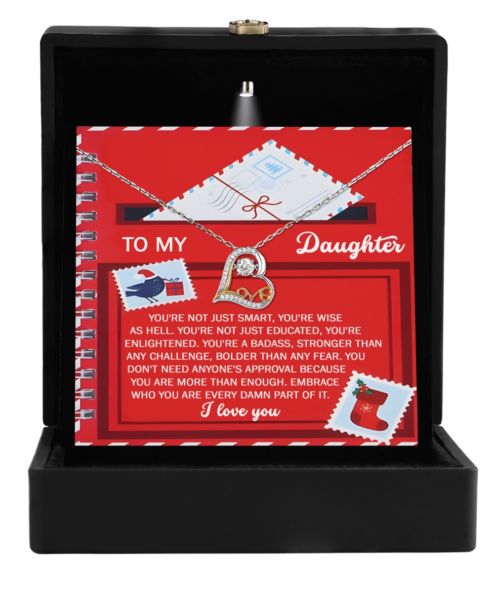 The Daughter-Part Of It - Love Dancing Necklace, shaped as a heart in 14k gold, comes in a gift box with a "To My Daughter" message card and affectionate note, symbolizing maternal love.