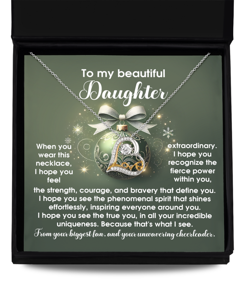 The Daughter-Get Back Up - Love Dancing Necklace, made from Sterling Silver and embellished with Cubic Zirconia, is elegantly packaged in a box that features the words: "To my beautiful Daughter," along with an inspiring message about strength, courage, and individuality.