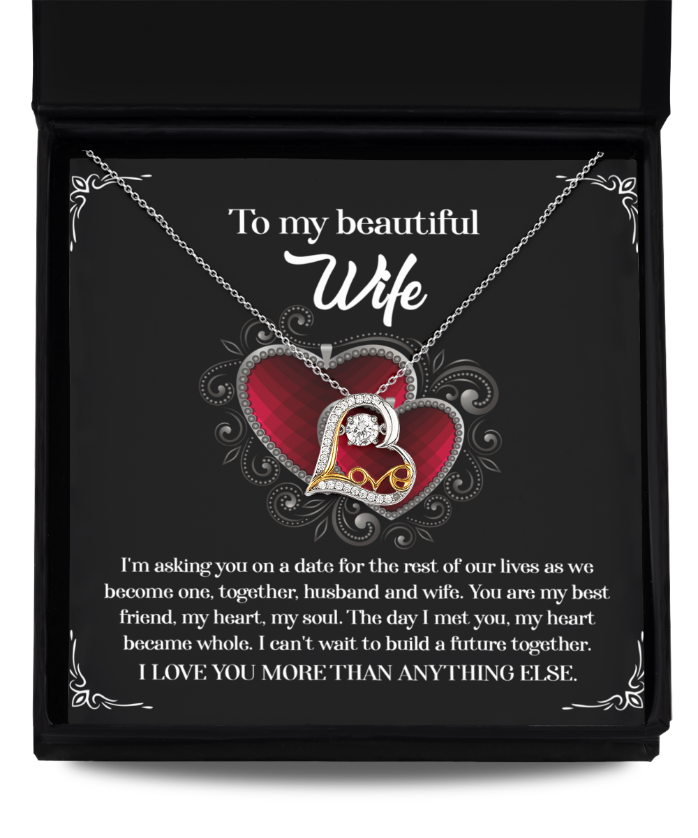 A To Wife, Heart Became Whole - Love Dancing Necklace in .925 Sterling Silver, displayed in a black box with a message to a wife expressing love and future commitment.