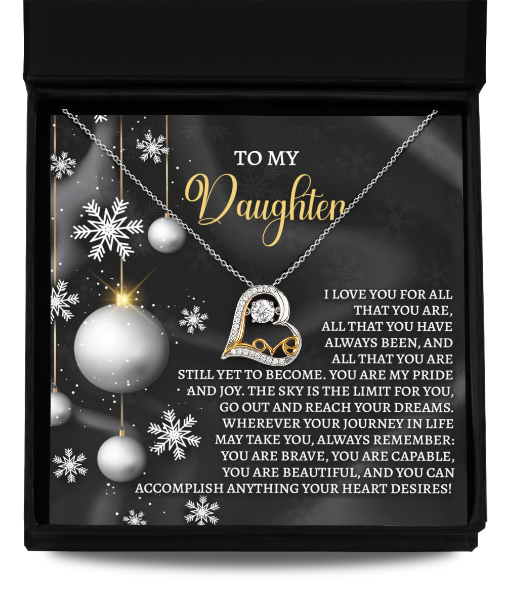 The Daughter-Pride And Joy - Love Dancing Necklace is elegantly designed in sterling silver, showcased against a starry black background with an inspiring message dedicated to a daughter.