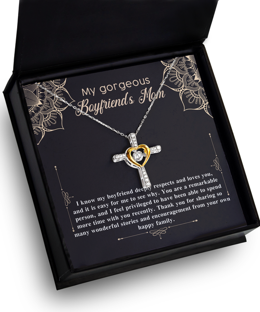 A "To Boyfriend's Mom, Happy Family" Cross Dancing Necklace by Gearbubble in a gift box with an inscription, 14k gold plated.