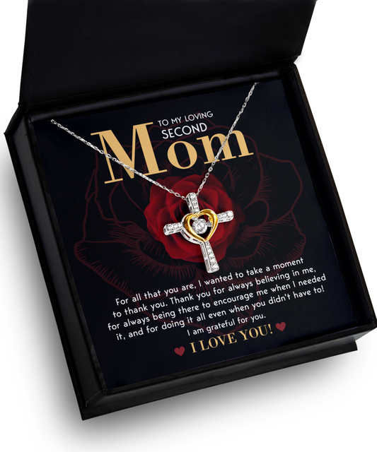 A To Second Mom, Grateful For You - Cross Dancing Necklace with a heart pendant in a gift box that has a message for a "second mom" over a red rose background.