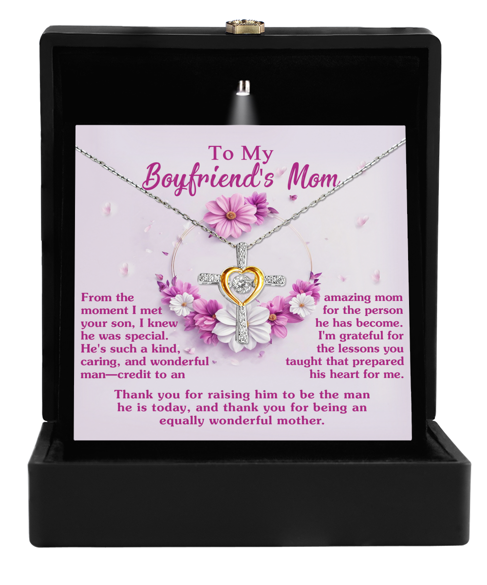 A Gearbubble To Boyfriend's Mom, Wonderful Mother - Cross Dancing Necklace pendant gift with an appreciation message in a presentation box.