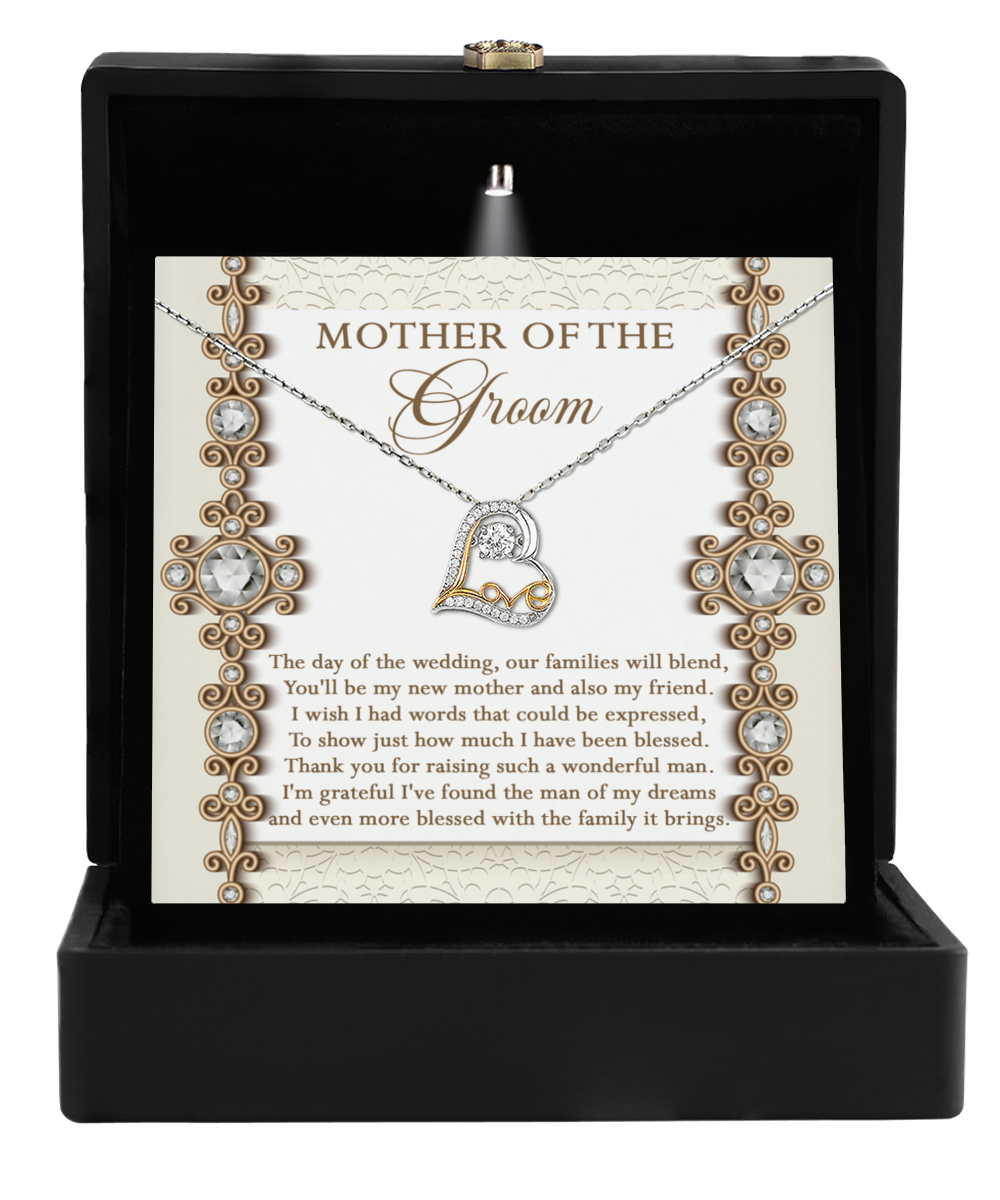 Open the black box to reveal the exquisite "Mom Of Groom-New Mother - Love Dancing Necklace" in 14k Gold, accompanied by a heartfelt wedding thank you note on a message card.