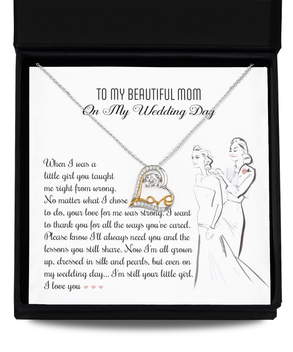 A jewelry box with a heart-shaped 14k gold triple-plated pendant necklace *Mom Wedding-My Wedding Day - Love Dancing Necklace* and a note titled "To My Beautiful Mom On My Wedding Day," expressing gratitude and love.