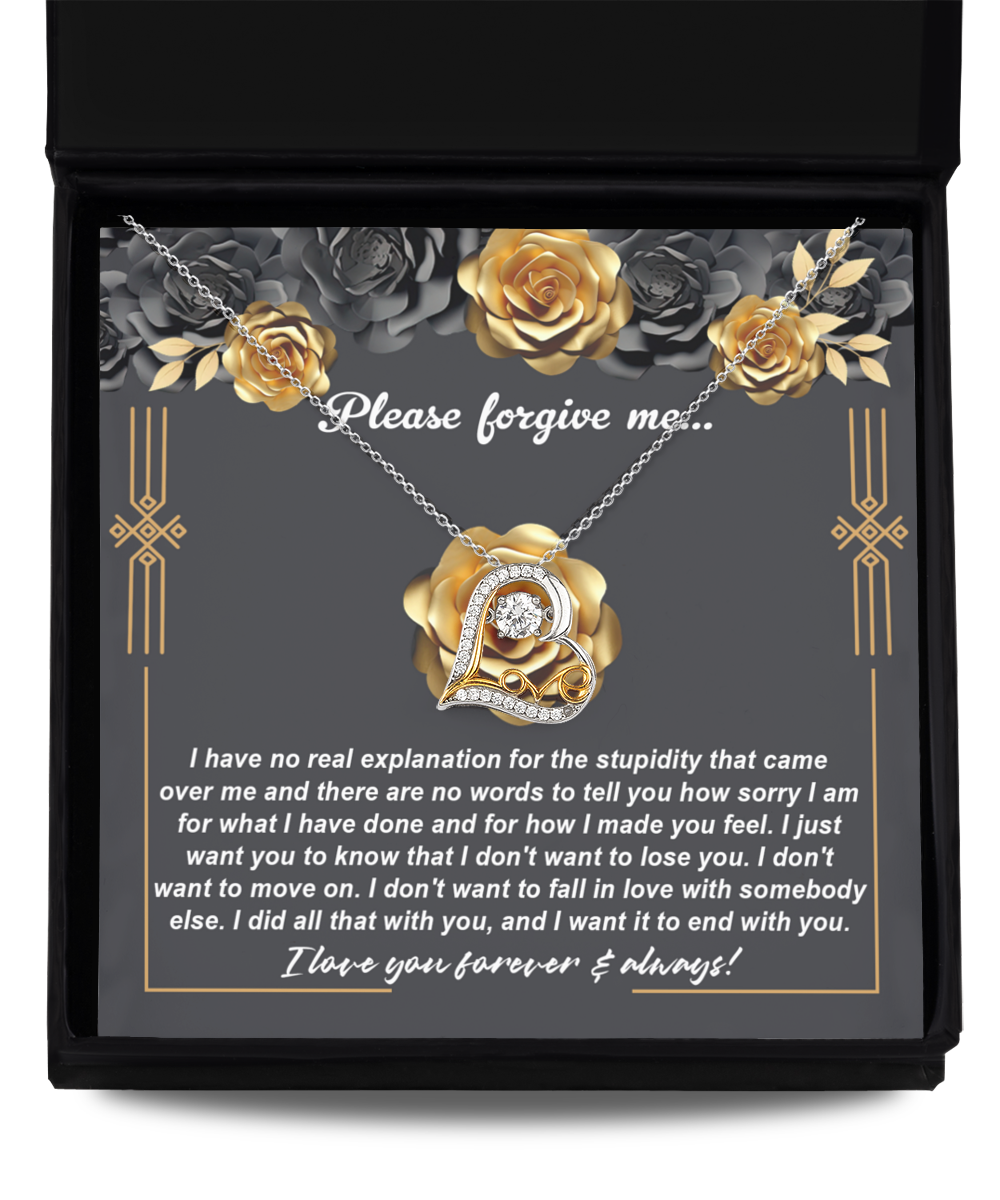 The "Sorry-End With You - Love Dancing Necklace," featuring a heart-shaped pendant, is elegantly displayed in a box. Inside the box, a note reads "Please forgive me" along with a heartfelt apology. The background is adorned with roses and gray floral decorations, adding an elegant touch.