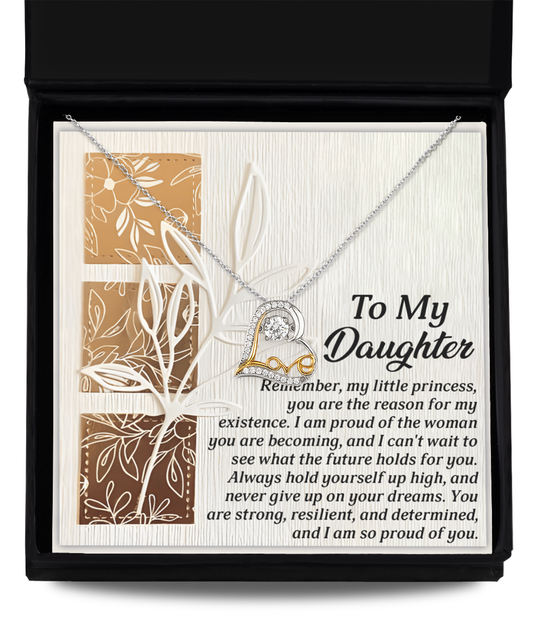 The Daughter-Holds For You - Love Dancing Necklace, crafted from Sterling Silver with an infinity heart pendant, is beautifully presented in a black box. Accompanying it is an inspirational message dedicated to a daughter.