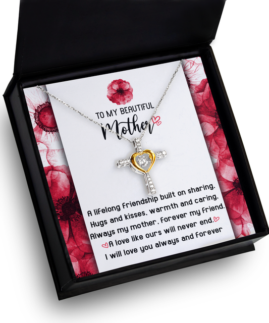 A necklace with a heart pendant inside a gift box, featuring a heartfelt message to a mother, adorned with floral designs and inscribed as a "To Mom, Will Never End - Cross Dancing Necklace.