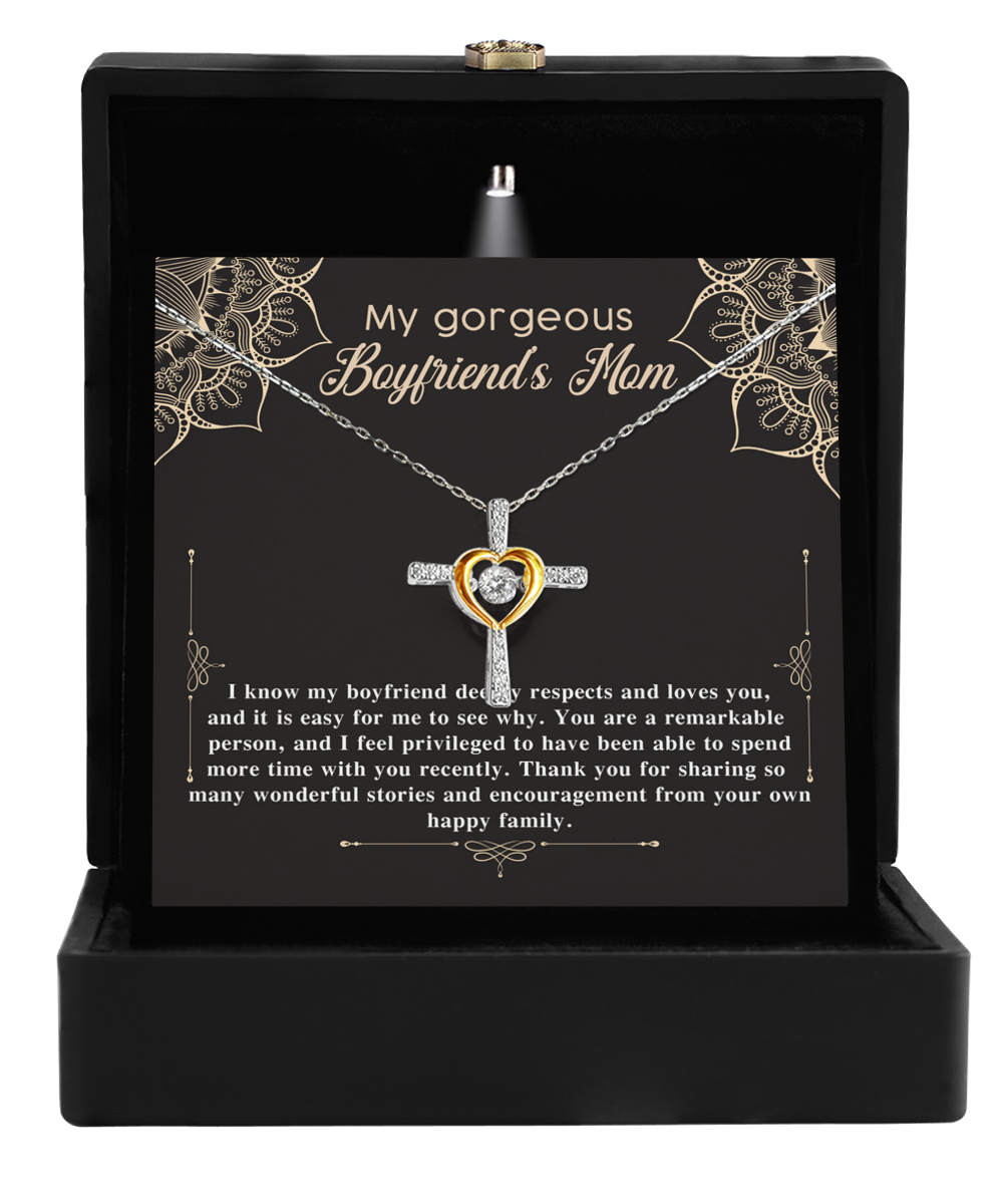 A Gearbubble To Boyfriend's Mom, Happy Family - Cross Dancing Necklace in a gift box with a message card for expressing appreciation and affection.