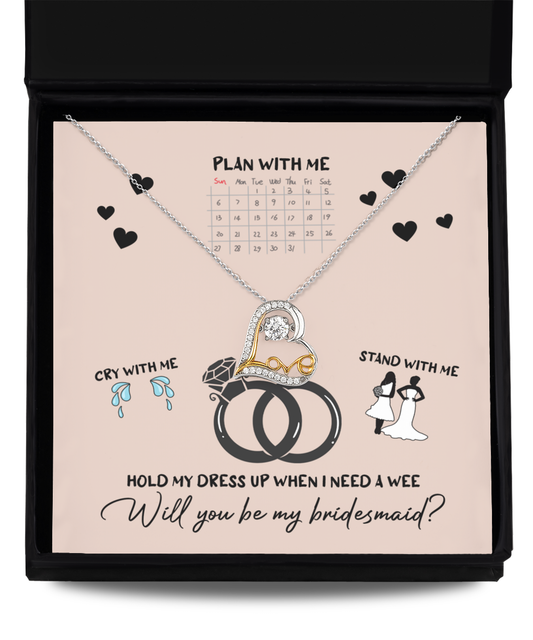 A Bridesmaid-Will You Be 2 - Love Dancing Necklace, crafted from .925 Sterling Silver, is elegantly displayed against a backdrop featuring a bridesmaid proposal calendar and various charming illustrations including wedding rings and bridesmaids.