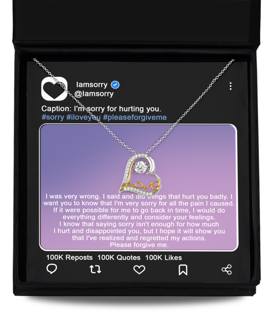 A 925 Sterling Silver Sorry-Hurt You Badly - Love Dancing Necklace, featuring a heart pendant adorned with AAAA Cubic Zirconia, rests inside a black jewelry box. The box is set against the backdrop of a social media apology post that reads, "I'm sorry for hurting you. #sorry #iloveyou #pleaseforgiveme.