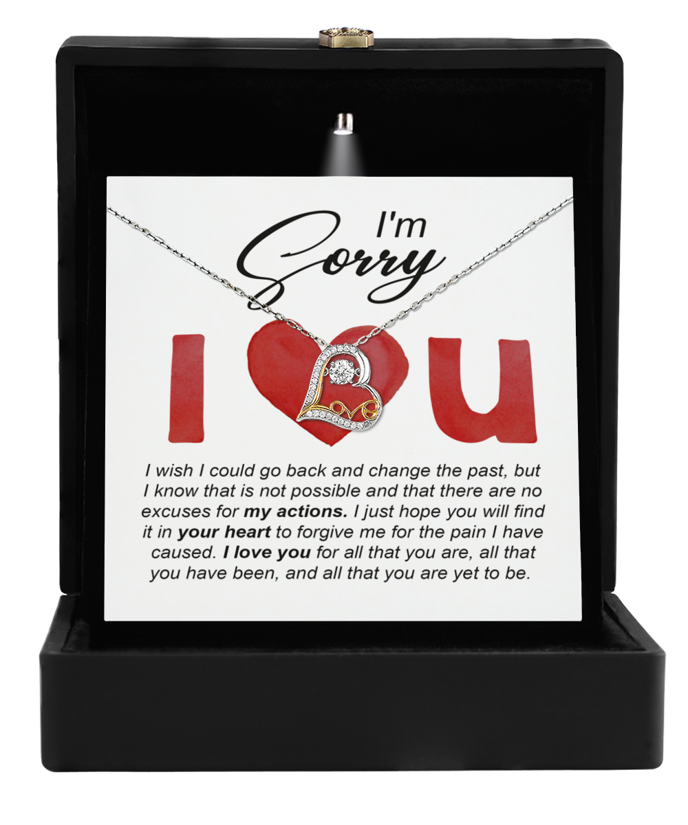 The Sorry-Change The Past Love Dancing Necklace, crafted in exquisite 14k gold and presented in a sleek black box, includes an "I Love You" card for a heartfelt apology, symbolizing maternal love and affection.