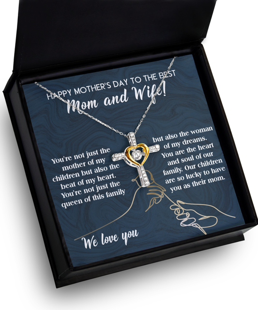 A 14k gold plated heart-shaped pendant with keys inside a jewelry box, inscribed with a mother's day message praising a mom and wife, against a blue backdrop.