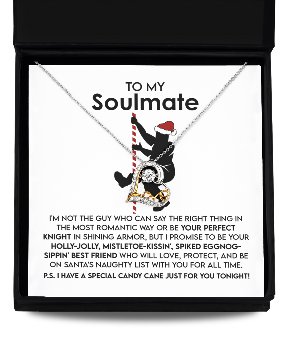 The Soulmate-For All Time - Love Dancing Necklace, crafted with interlocking hearts and available in sterling silver or 14k gold, is elegantly displayed in a gift box featuring a Santa-themed graphic and a heartwarming poem addressed to your soulmate on the lid.