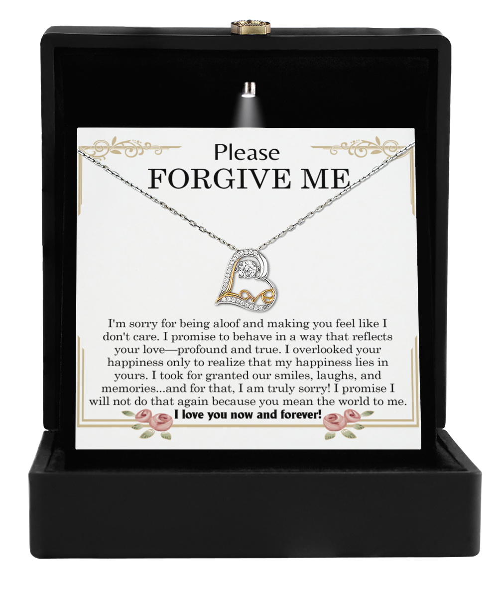 The Sorry-Profound And True-Love Dancing Necklace, a 14k gold heart-shaped pendant in a black box, includes a "Please forgive me" note, delivering an eloquent message of apology and love.