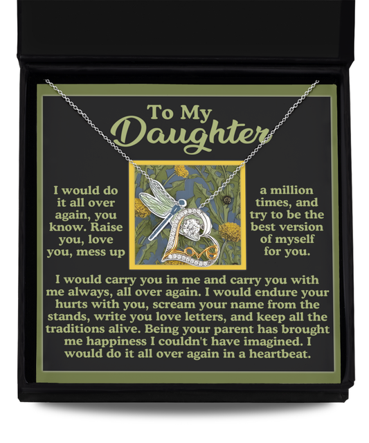 The Daughter-All Over Again - Love Dancing Necklace, crafted from 14k gold and nestled in a box with a heartfelt message, symbolizes love, support, and enduring presence for a daughter.