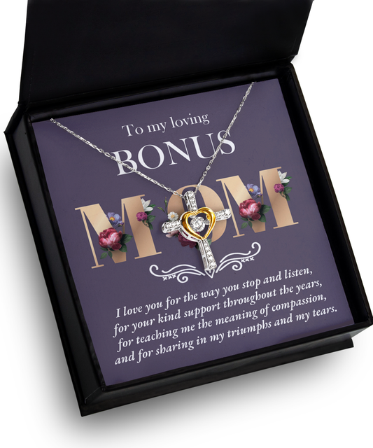 A necklace with a heart-shaped pendant in a box with a message for a "bonus mom," expressing appreciation and love as the perfect "To Bonus Mom, Throughout The Years - Cross Dancing Necklace" Gift.