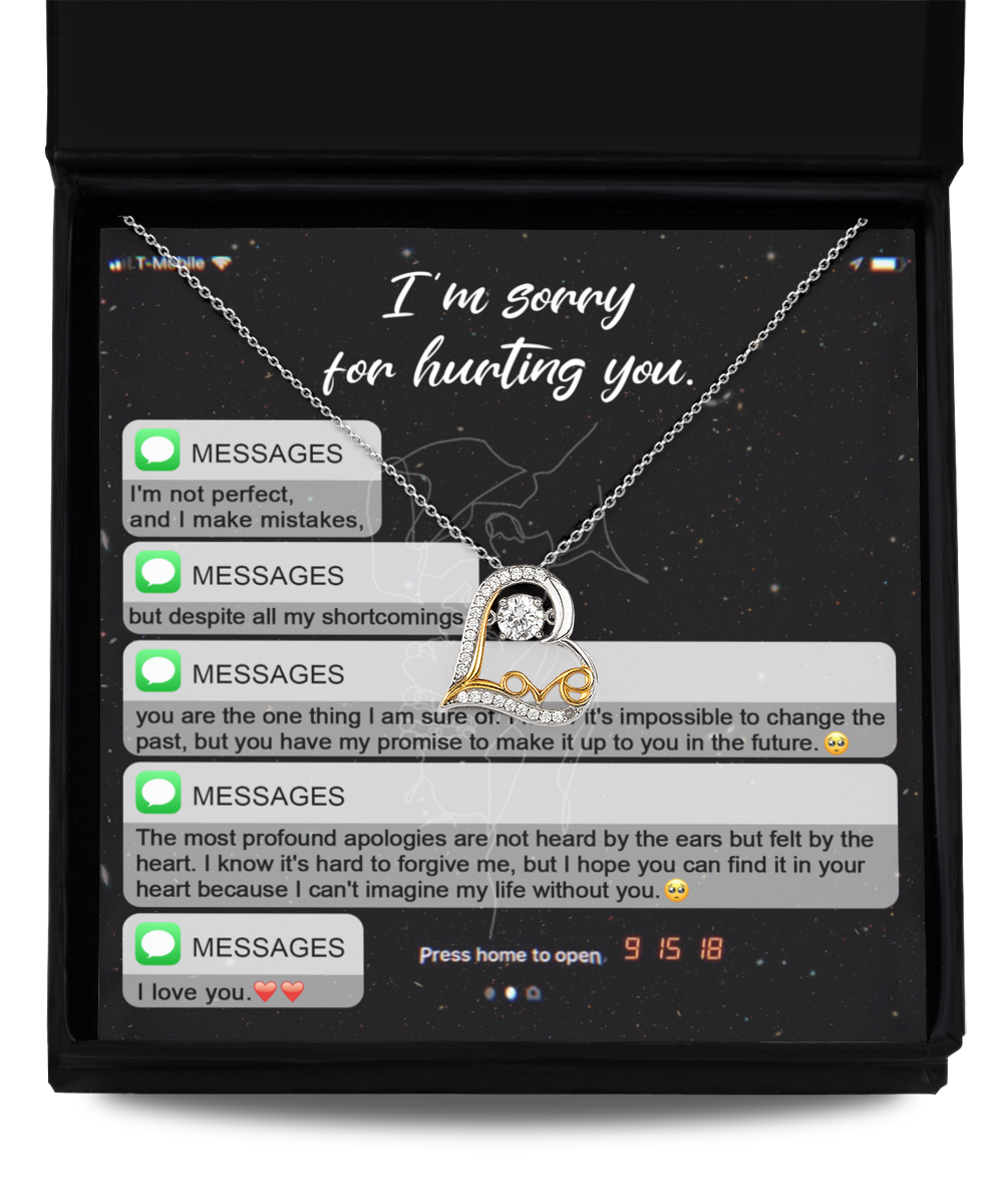 A stunning "Sorry-Life Without You - Love Dancing Necklace" is placed in a box with messages displayed in the background, together conveying an apology and expressions of love.