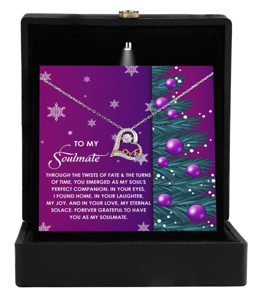 The Soulmate-Perfect Companion - Love Dancing Necklace, presented in a black box and accompanied by a purple card that reads "TO MY Soulmate," is crafted from sterling silver and features a heartfelt message about love and companionship.