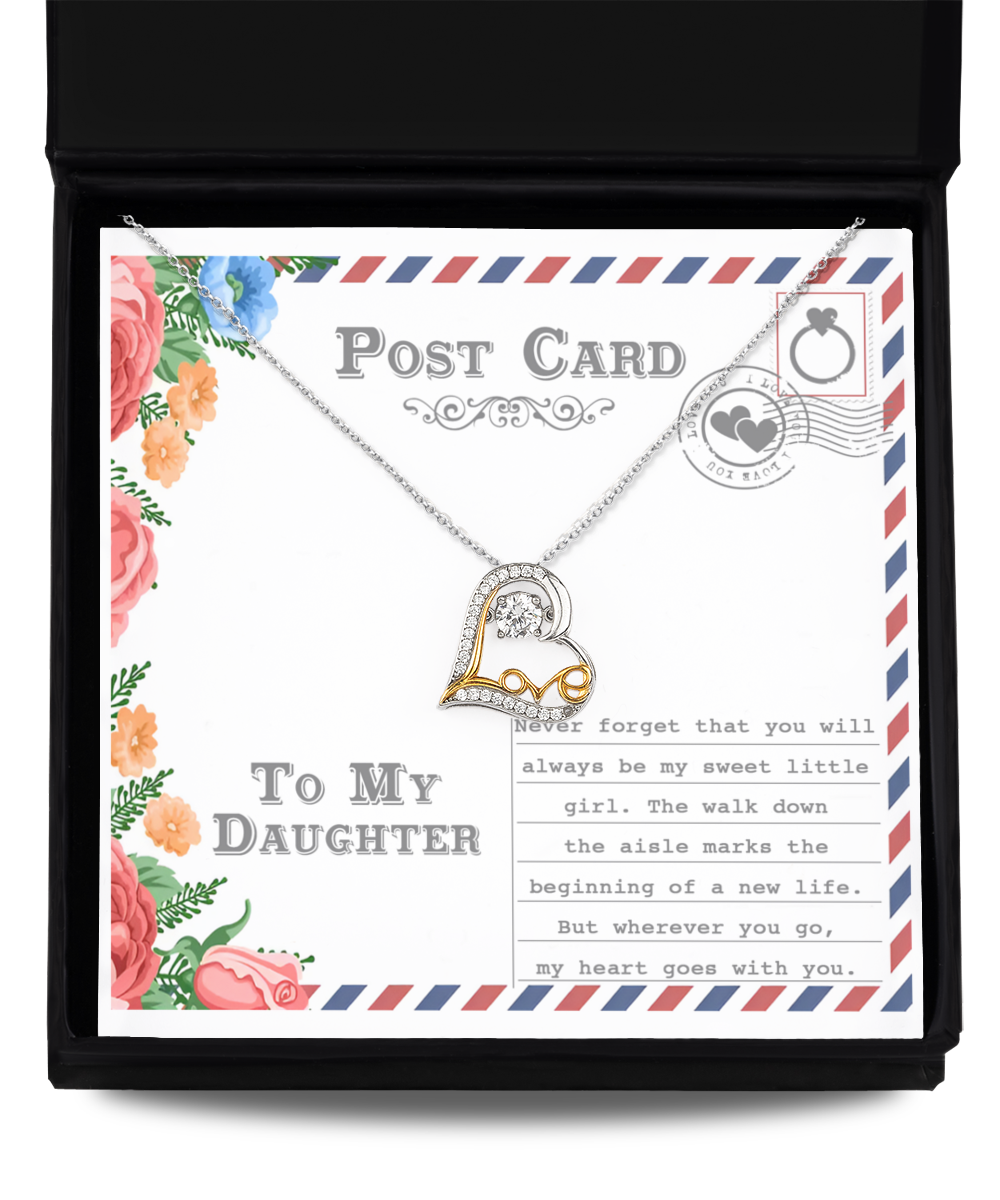 The "To Daughter-Goes With You - Love Dancing Necklace" is a Sterling Silver piece featuring a heart pendant, presented in a gift box inscribed with "To My Daughter." The background evokes the charm of a postcard, adorned with floral designs and heartfelt sentimental text.