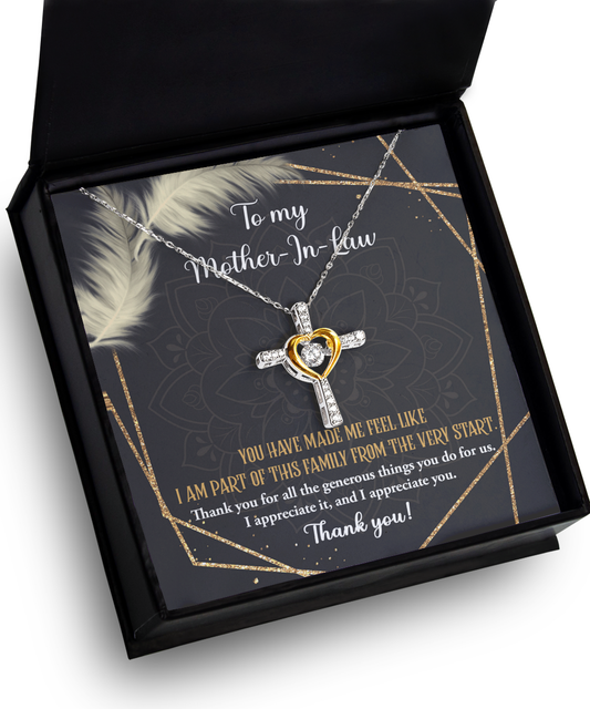 A "To Mother-In-Law, Do For Us - Cross Dancing Necklace" with a heart-shaped pendant in a gift box, the lid displaying a message of appreciation to a mother-in-law. This 14k gold plated necklace elegantly celebrates the cherished bond.