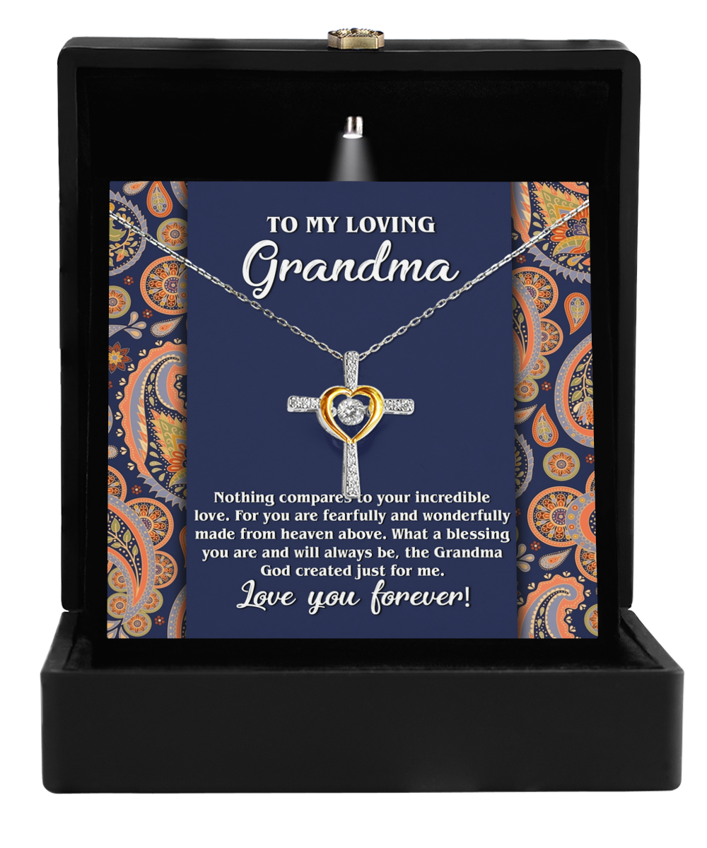 A To Grandma, Just For Me - Cross Dancing Necklace by Gearbubble with a personalized pendant in a gift box featuring a sentimental message for Grandma.