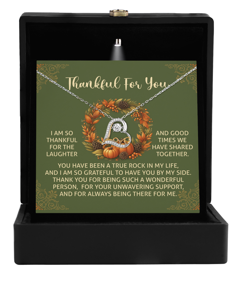 Thanksgiving-By My Side - Love Dancing Necklace presented in a gift box, featuring a heart-shaped pendant crafted from sterling silver. The background card expresses gratitude with the message "Thankful For You" and is decorated with autumn leaves and pumpkins.