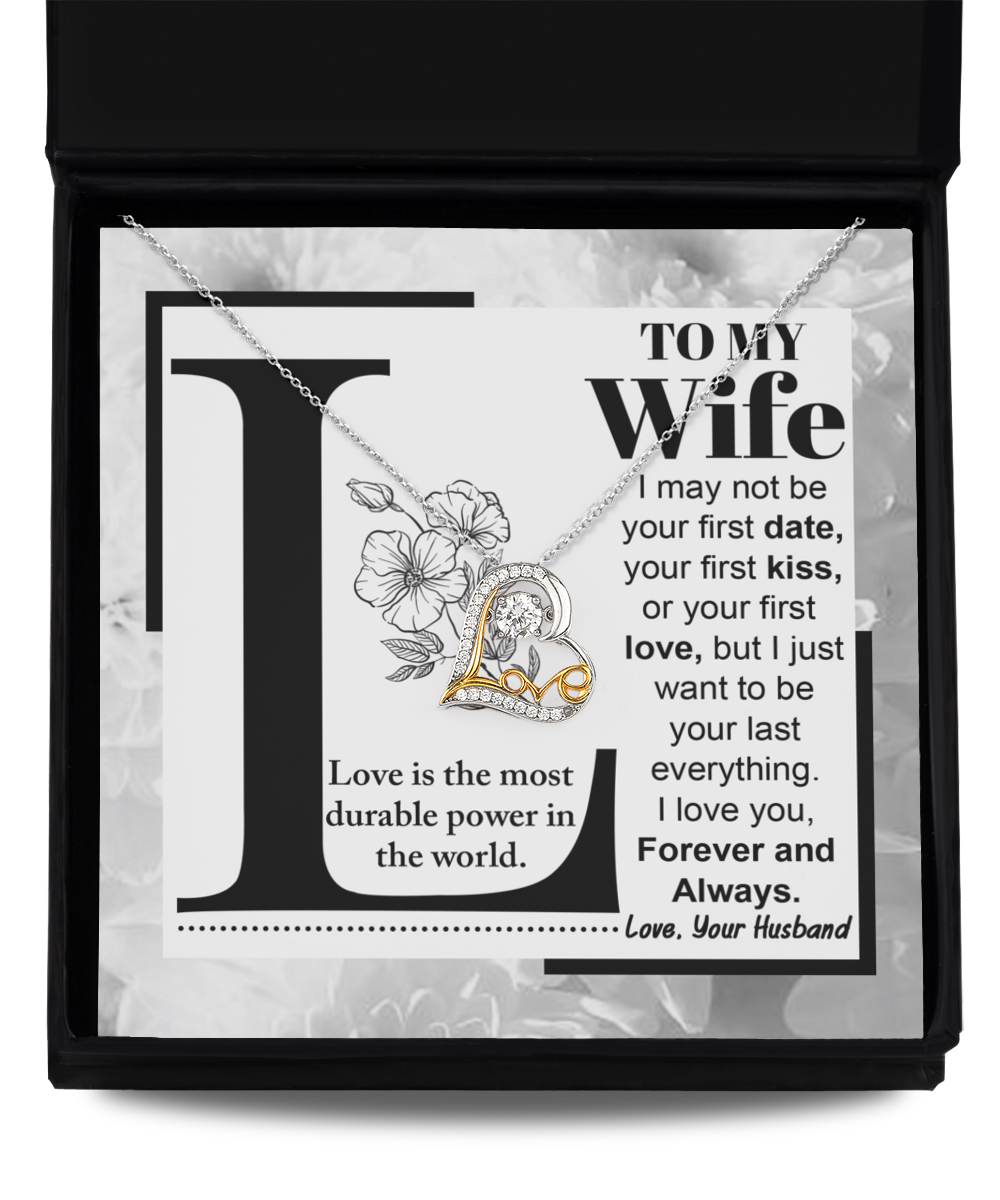 A "To Wife, Love Is - Love Dancing Necklace" is displayed, accompanied by a card that reads: "To My Wife: Love is the most durable power in the world. I love you, Forever and Always. Love, Your Husband.