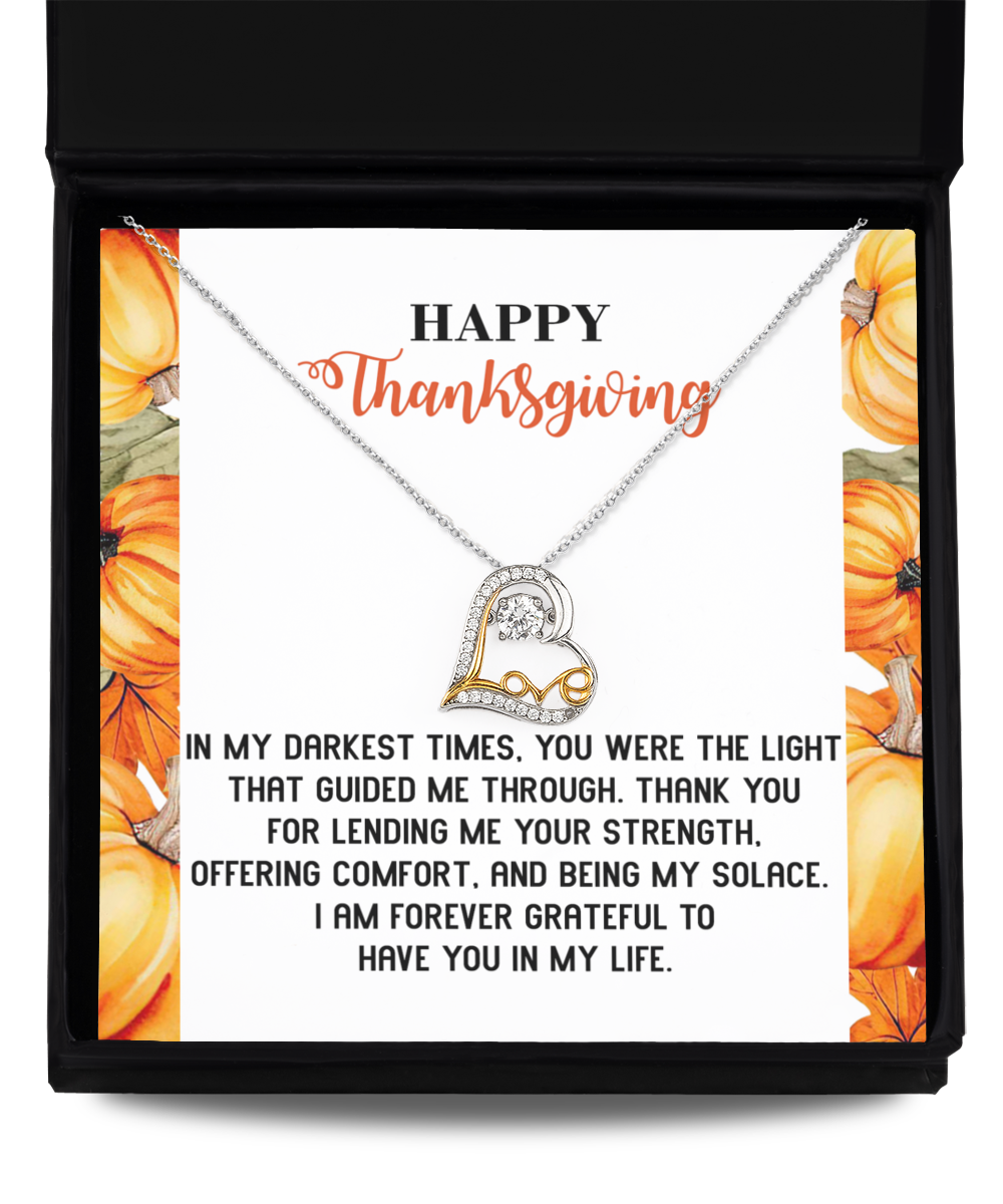 The Thanksgiving-Guided Me Through - Love Dancing Necklace comes in a box with a Thanksgiving-themed card. It's crafted from sterling silver and rhodium plated for extra shine, beautifully expressing gratitude and appreciation.