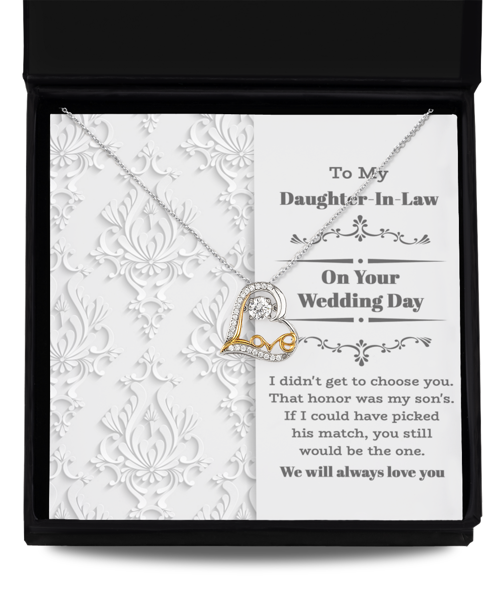 Daughter-In-Law Wedding-Be The One - Love Dancing Necklace with interlocking heart pendants in a gift box, crafted in sterling silver and accompanied by a heartfelt message to a daughter-in-law on her wedding day.