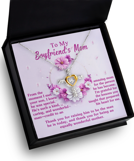 A To Boyfriend's Mom, Wonderful Mother - Cross Dancing Necklace gift for a boyfriend's mother with a heartfelt message displayed in a box by Gearbubble.