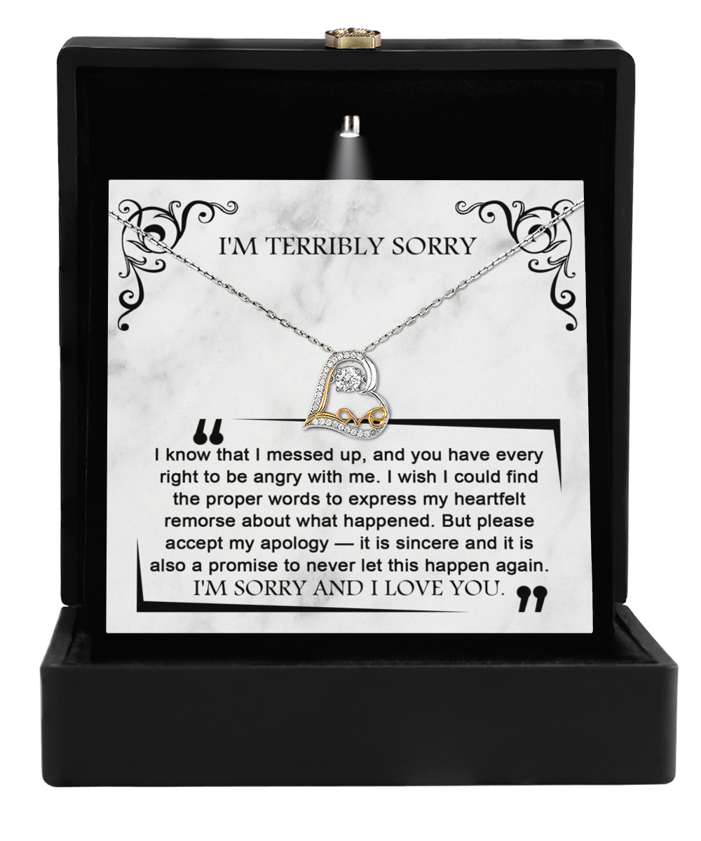 A Sorry-Angry With Me - Love Dancing Necklace, made of .925 Sterling Silver with a heart-shaped pendant, nestled inside a black box that has an apology note printed on the open lid.