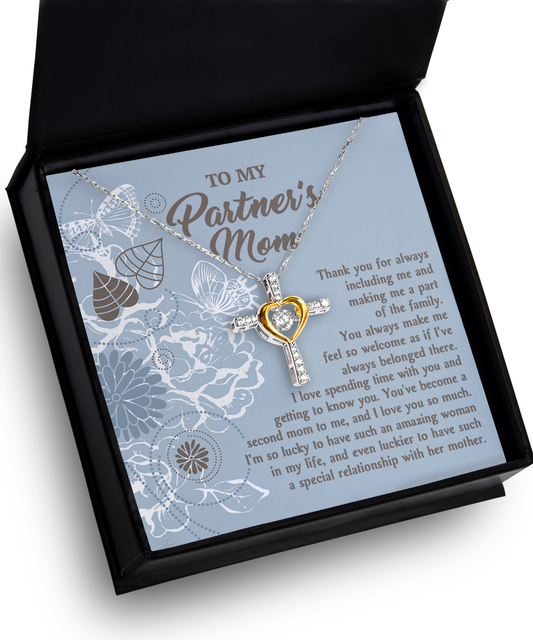 A necklace with a heart-shaped pendant in a gift box, featuring a message card addressed to "my partner's mom," expressing gratitude and love as To Partner's Mom, Part Of Family - Cross Dancing Necklace.