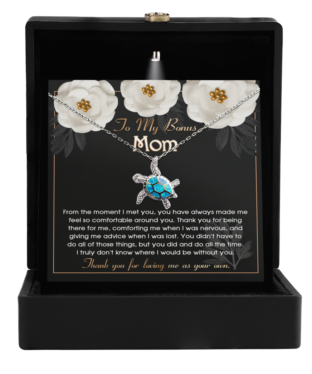 A "To Bonus Mom, All The Time" Opal Turtle Necklace in a gift box with a sentimental message for a stepmother, symbolizing love as the perfect Gearbubble Bonus Mom Gift.