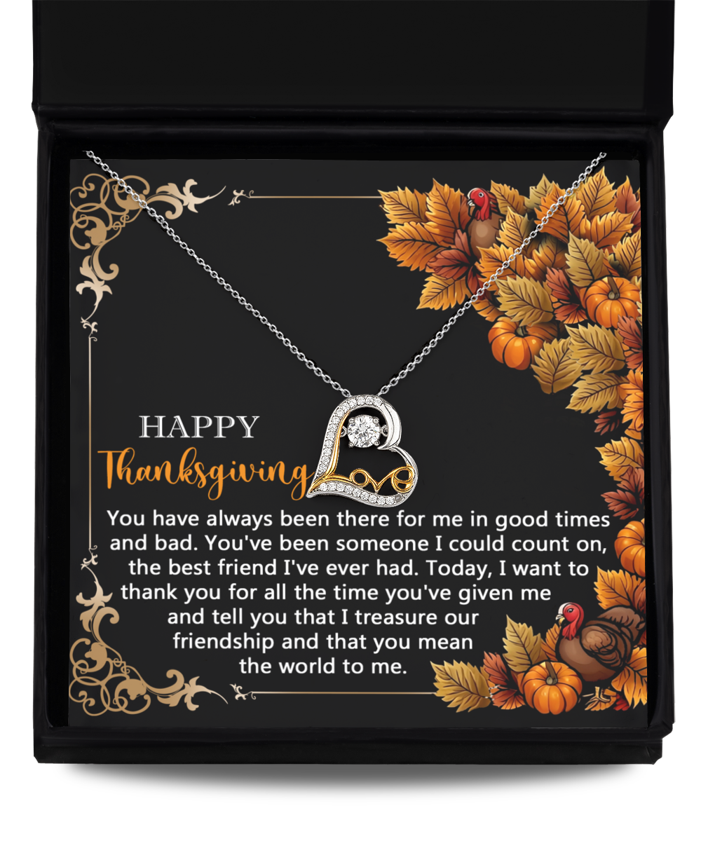 The Thanksgiving-Count On - Love Dancing Necklace, featuring a heart-shaped design crafted from sterling silver, is elegantly presented in a box decorated with a Thanksgiving message and autumn-themed accents.