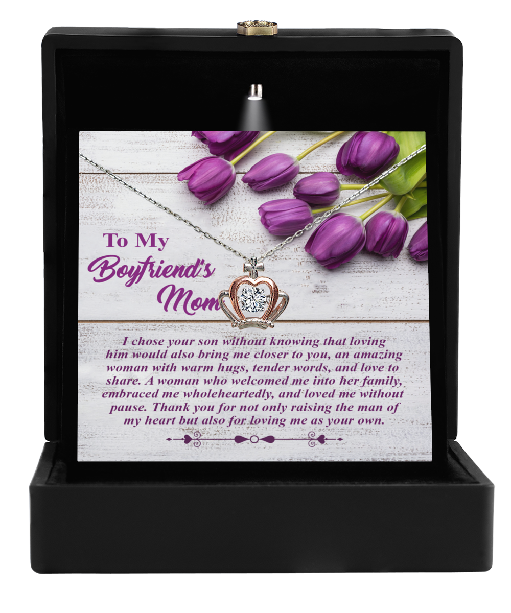 Gearbubble's "To Boyfriend's Mom, As Your Own" crown pendant necklace in gift box with a personalized message.