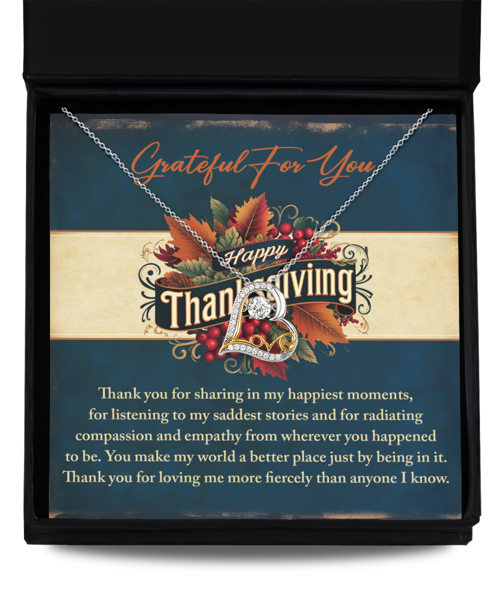 This beautiful Thanksgiving-Happiest Moments - Love Dancing Necklace, crafted in sterling silver, is elegantly presented in a box featuring the text "Grateful For You" and "Happy Thanksgiving." It showcases a heartfelt thank you message alongside an enchanting autumn-themed design.