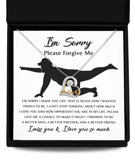 The "Sorry-Things To Bel - Love Dancing Necklace" is a .925 Sterling Silver necklace presented in a box with a heartfelt apology note underneath, expressing regret, love, and a promise to improve. This love dancing necklace symbolizes ongoing dedication and commitment to making things right.