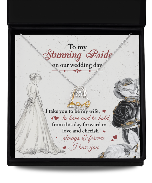 A Bride-Be My Wife - Love Dancing Necklace in a gift box with a wedding card inside. The card features a drawing of a bride and the text, "To my Stunning Bride on our wedding day. I love you.